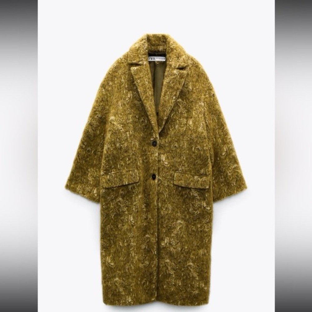 Zara Limited Edition Jacquard Wool Alpaca Coat Oil Green XS-S - FIRM PRICE!